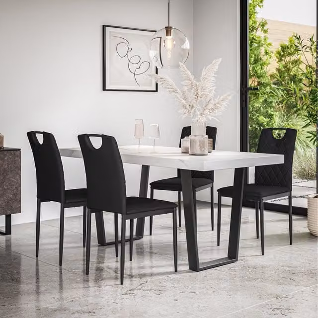 More4Homes Aria Dining Set with Marble Effect Table and 6 Black Monza Faux Leather Chairs
