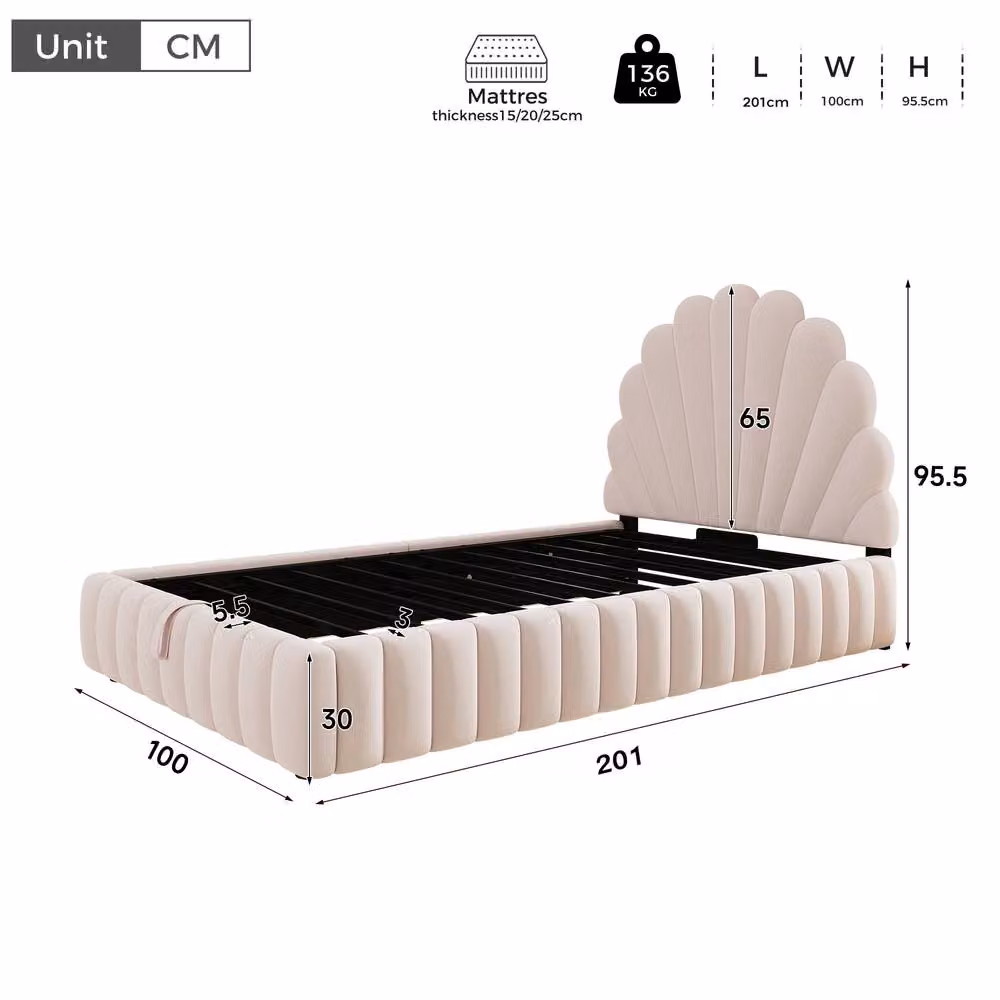 ModernLuxe Kids Single Ottoman Bed with Shell-Shaped Padded Velvet Headboard in Pink, W/D/H: 90 x 190 x 136 cm – 2