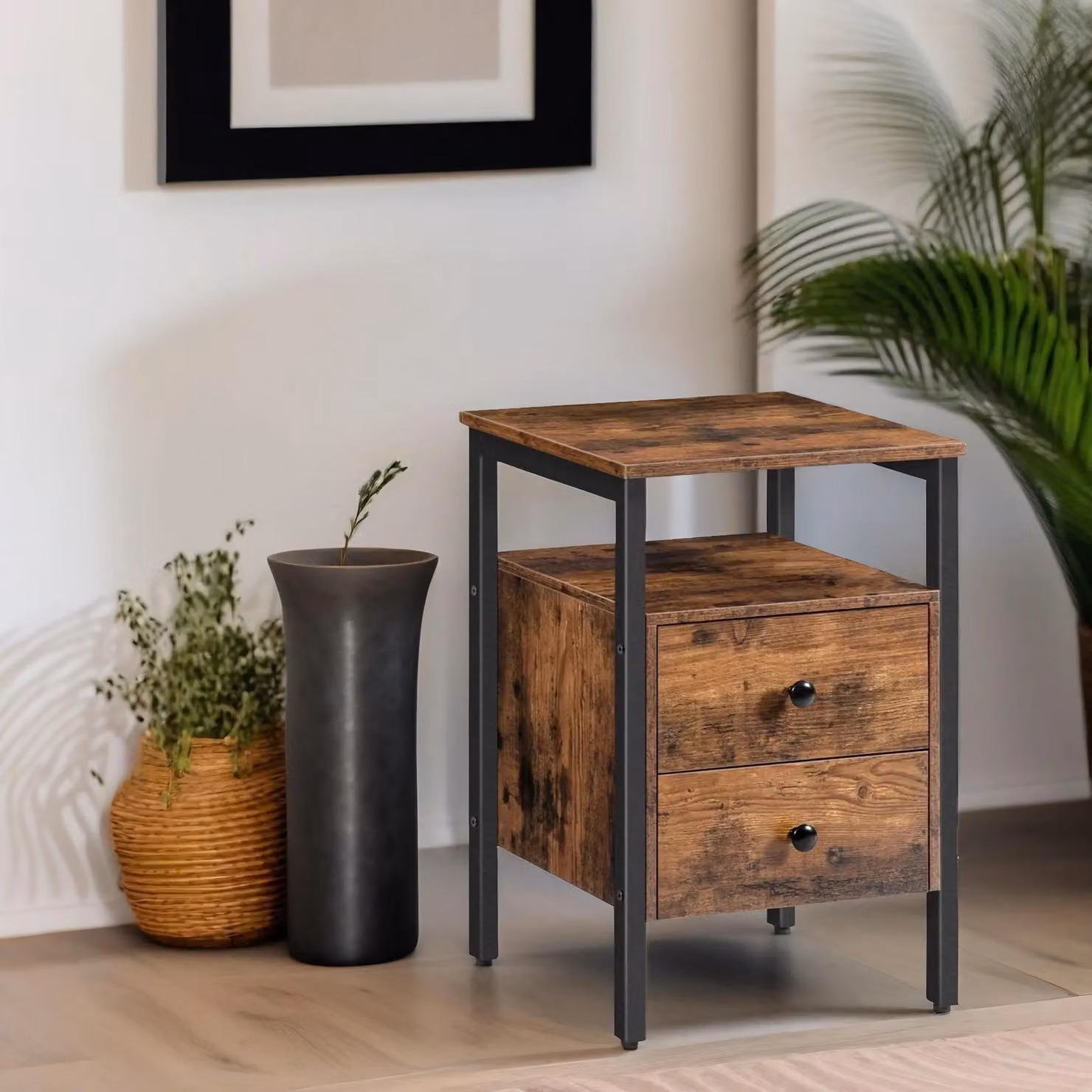 Rafaelo Mobilia Industrial Bedside Table with 2 Drawers in Brown and Black, W/D/H: 40 x 40 x 61 cm – 4
