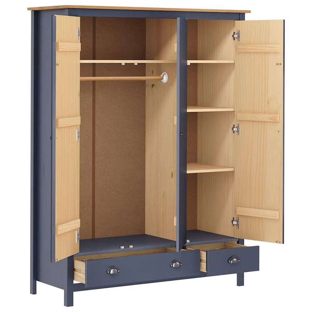 Berkfield Home Hill 3-Door Wardrobe in Grey and Dark Navy, Solid Pine Wood, W/D/H: 127 x 50 x 170 cm – 3