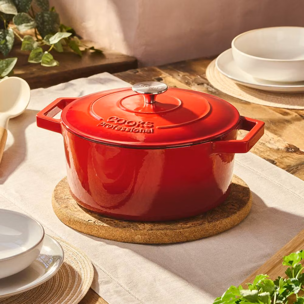 Cooks Professional Set of 3 Red Enamelled Cast Iron Casserole Dishes with Lids – 3