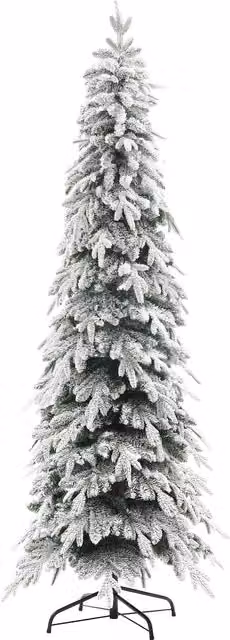 HOMCOM 7ft Snow Flocked Pencil Christmas Tree with Downswept Branches in Green and White – 1