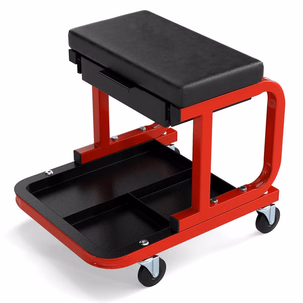 Costway Rolling Creeper Seat Padded Mechanic Stool with Drawer in Red and Multicolour – 9