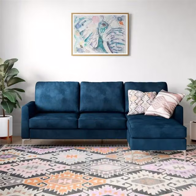 Novogratz Chapman L-Shape Sectional Sofa in Blue Velvet with Scatter Cushions