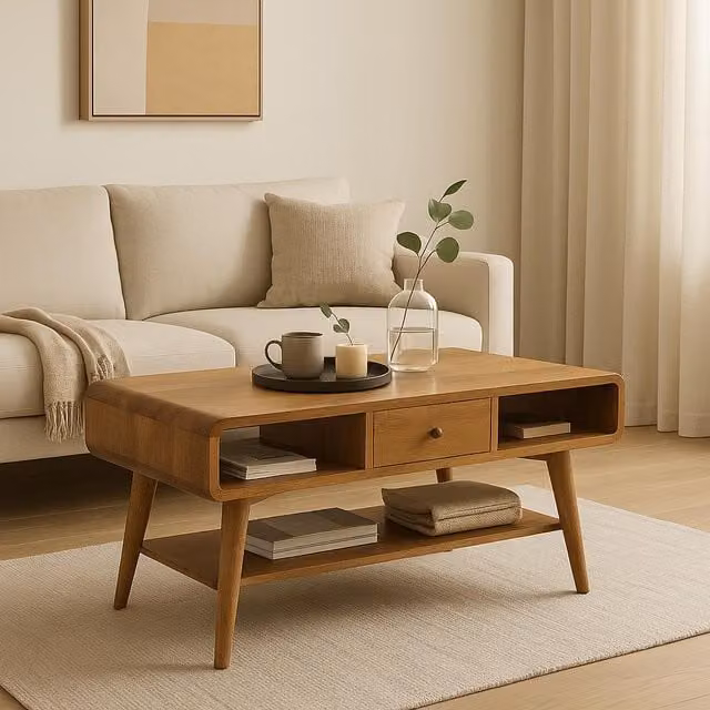 Aosom UK Solid Mango Wood Curved Coffee Table with 2 Drawers and 2 Open Compartments, Brown, W/D/H: 85 x 55 x 45 cm