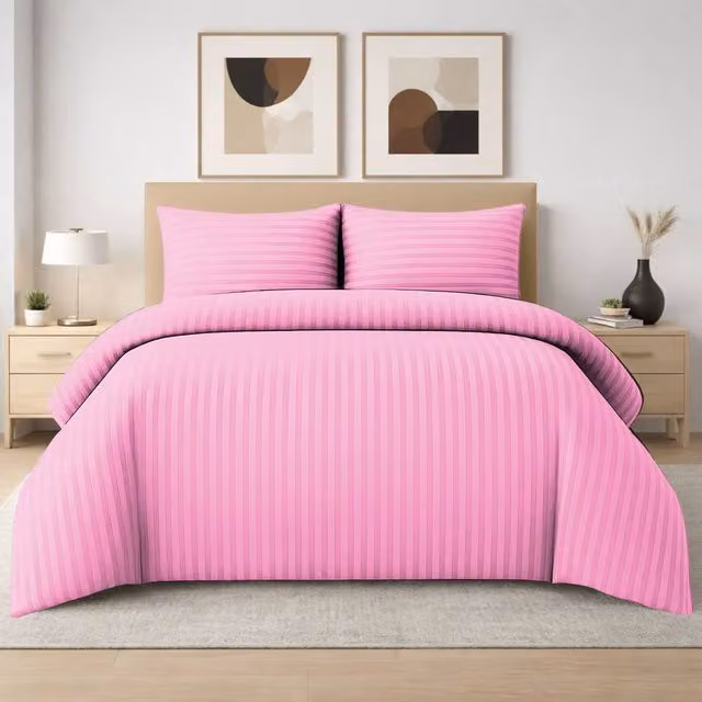 Pamposh 4 Pack Satin Stripe Microfibre Duvet Cover and Pillowcase Set in Pink, W/D/H: 135 x 200 x 50 x 75 cm