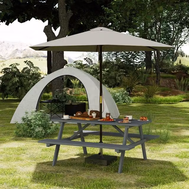 Outsunny 4 Seater Grey Treated Hardwood Outdoor Wooden Picnic Table and Benches Set