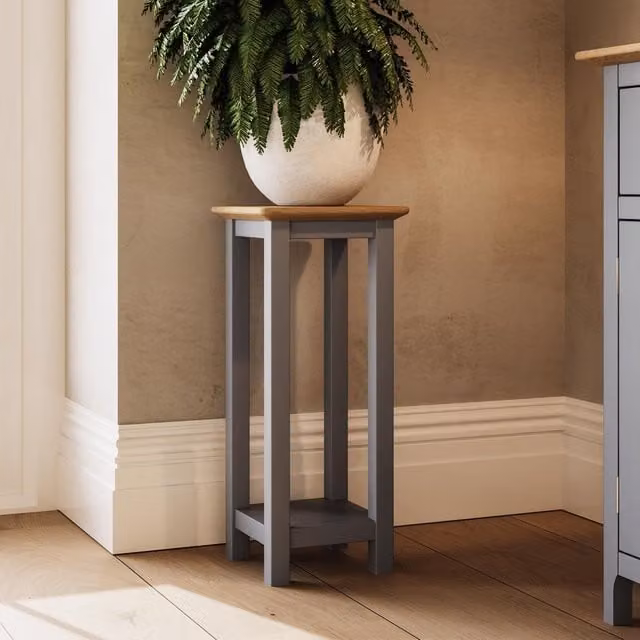 FWStyle Modern Painted Side Table with Oak Effect Top and Shelf, Grey and Oak