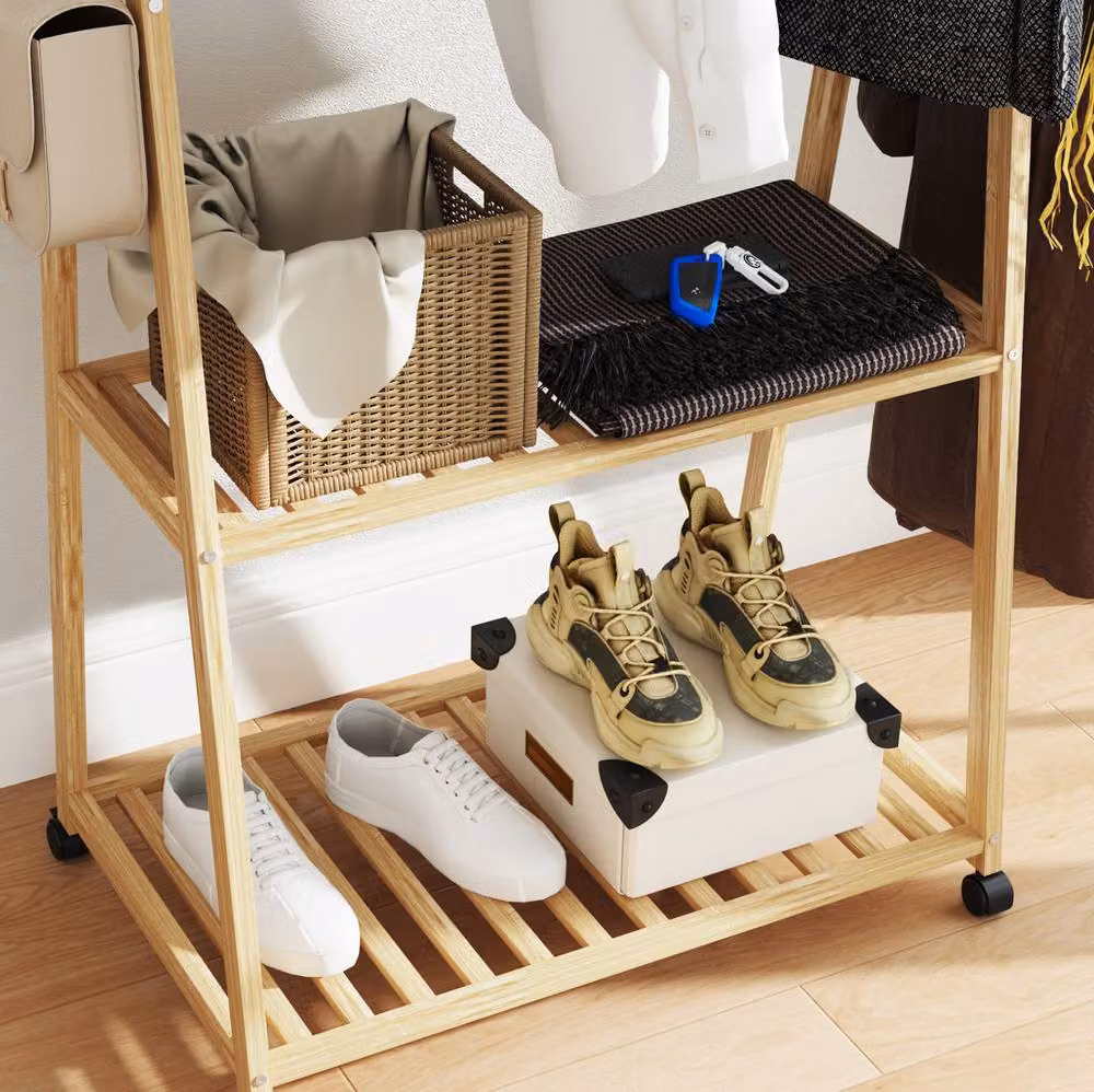 STILVORA Bamboo Clothes Rack with Shelves and Hooks in Natural Brown – 5