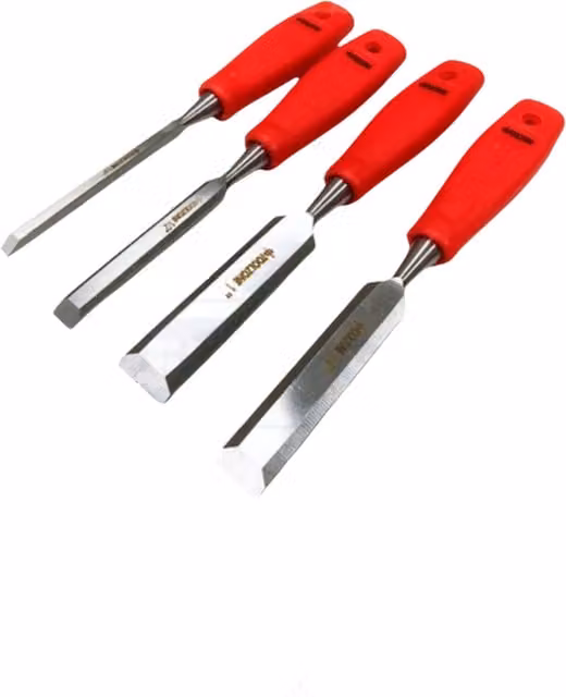 Dunnet Tools 4-Piece Wood Chisel Set with Red Plastic Handles in Silver