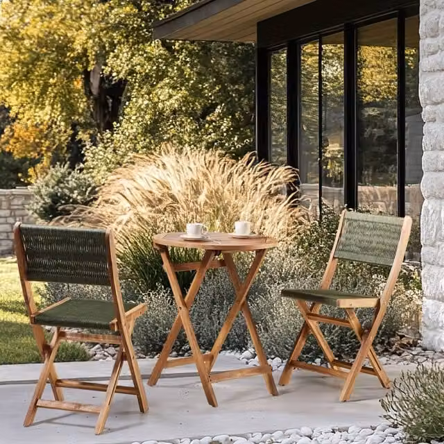 Wyld and Coco Set of 2 Green Acacia Wood Folding Garden Chairs with Armrests