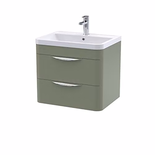nuie Parade Modern Bathroom Wall Hung 2 Drawer Vanity Cabinet with Polymarble Basin, Satin Green, W: 59.6 cm, D: 44.5 cm, H: 39.81 cm