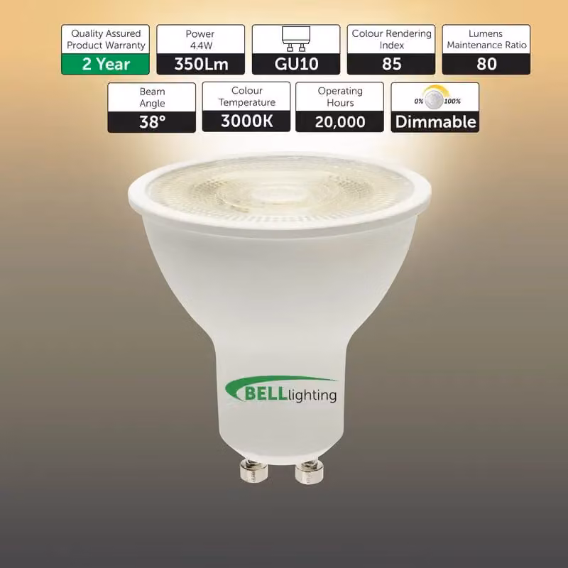 BELL Lighting Dimmable GU10 LED Bulbs, 4.4W, 350lm, Warm White 3000K, White, Pack of 10 – 2