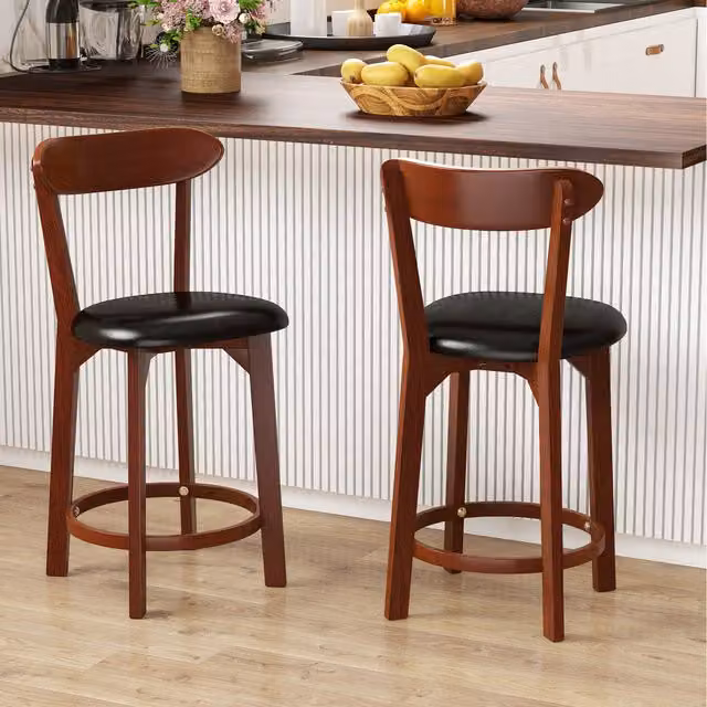 Costway Set of 2 Modern Brown PU Leather and Rubberwood Bar Stools, Height: 92 cm