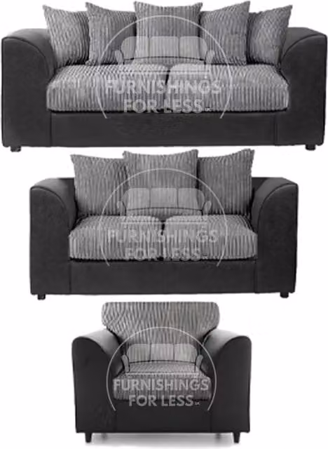 Furnishings For Less UK Luxor Grey Jumbo Cord 3 Piece Sofa Suite with Scatter Cushions