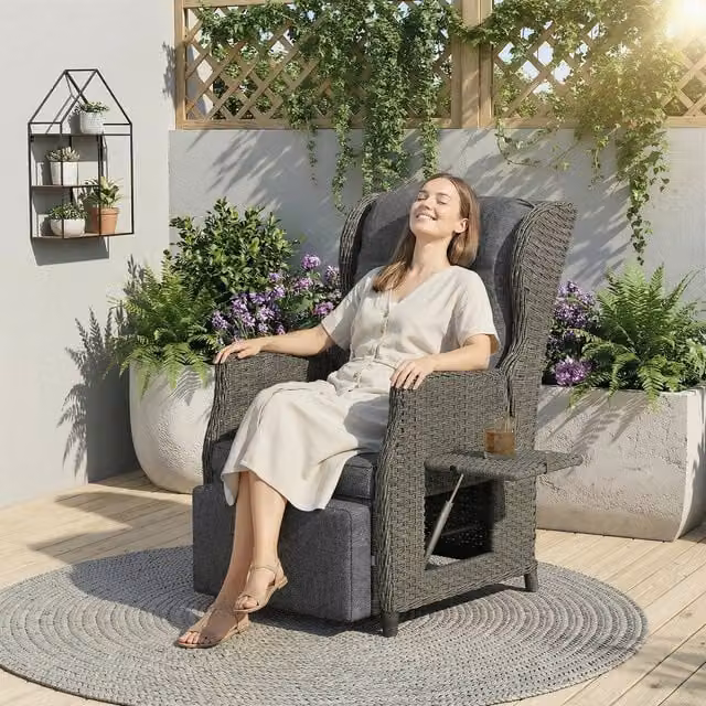 Outsunny Rattan Garden Recliner Chair with Side Tray and Armrests in Dark Grey