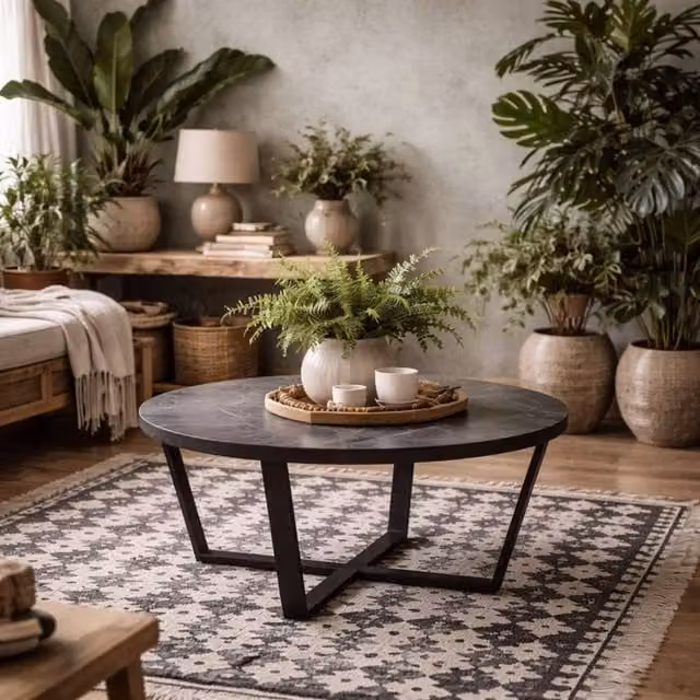 Wyld Haus Stovring Round Coffee Table with Black Marble Effect Top and Black Metal Legs, W/D/H: 77 x 77 x 44 cm – 1