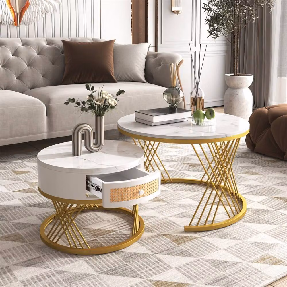 VOGREX Set of 2 Modern Round Nesting Coffee Tables with White Marble Tops – 3