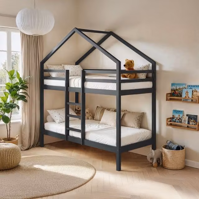 Flair Nest House Bunk Bed in Grey, Solid Wood, W/D/H: 90 x 200 x 223 cm
