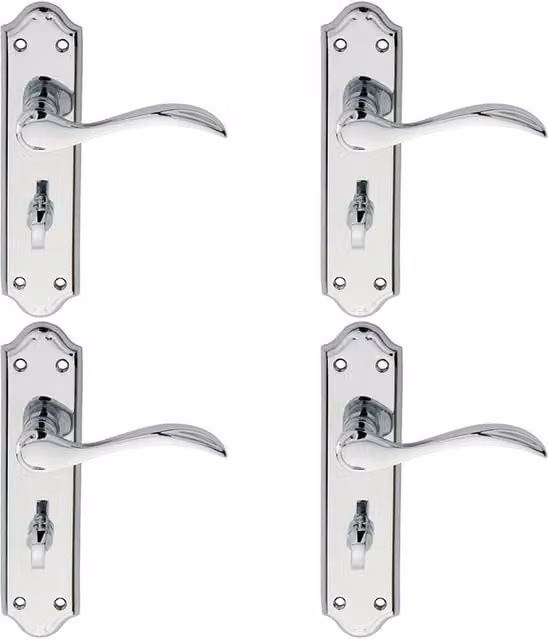 Loops 4 Pairs of Curved Bathroom Door Handle Levers on Backplate, Chrome, W: 18 cm, H: 4.5 cm
