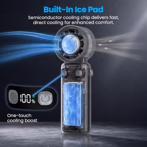 Schallen Handheld Fan with Ice Cooling Plate, 100-Speed Portable Rechargeable Mini Fan with 4000mAh Battery and Digital Display, Grey – 3