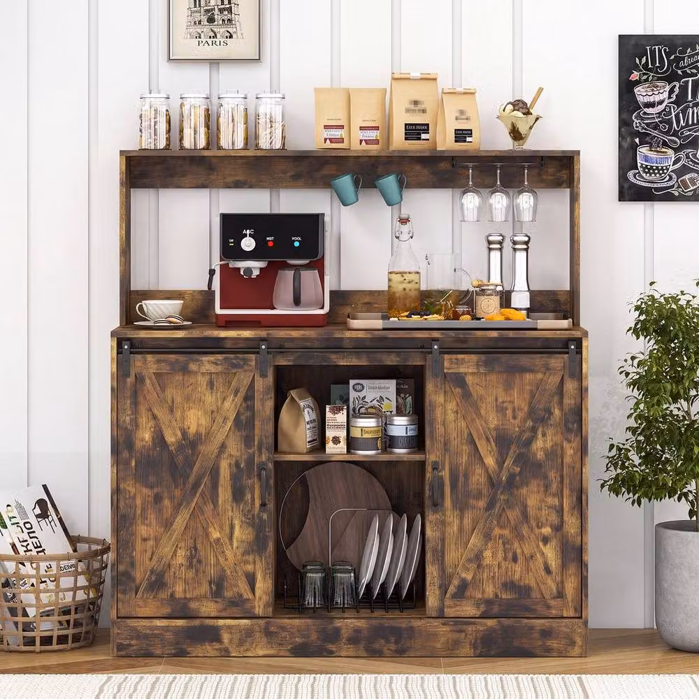 KORVIXA Brown Rustic Coffee Bar Cabinet with Charging Station and Sliding Glass Doors, W/D/H: 100 x 100 x 100 cm – 4