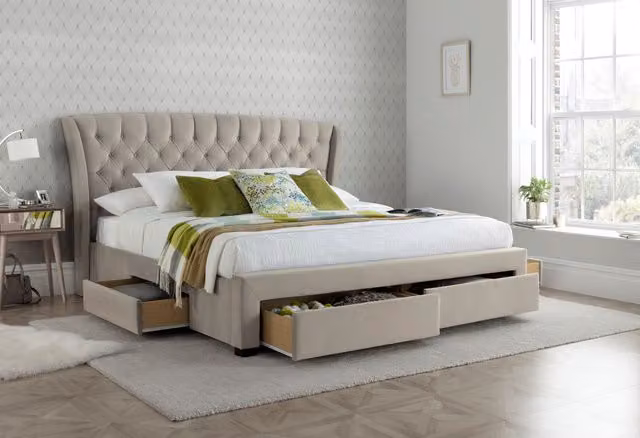 Bedmaster Newton Velvet 4 Drawer Storage Bed and Memory Maestro Memory Foam Mattress in Beige, Size: Double (140 x 200 cm)