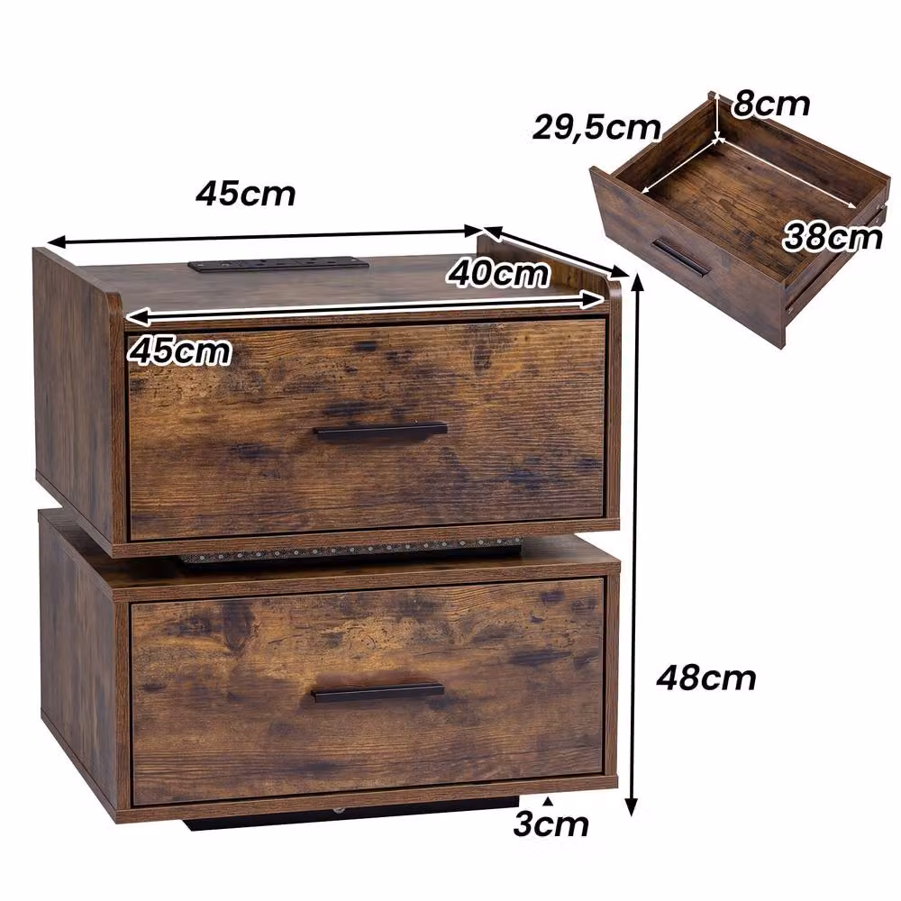 Gymax Brown Semi-floating Bedside Table with Charging Station and LED Lights – 2