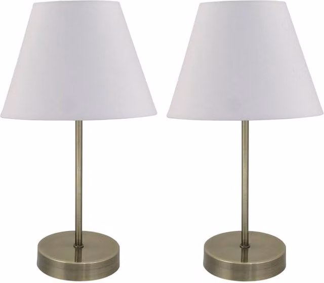 First Choice Lighting Set of 2 Antique Brass Stick Table Lamps with White Fabric Shades – 1