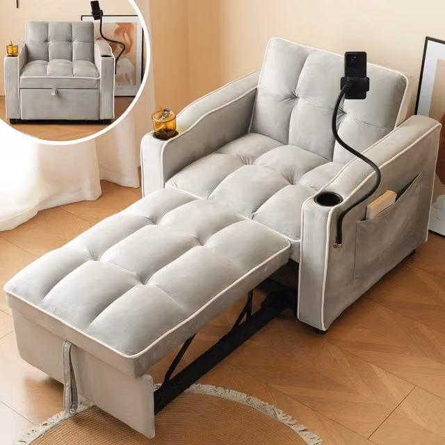 Rolipo 3-in-1 Single Sofa Bed Expandable Sleeper Chair in Grey Velvet with Metal Frame and Armrests – 1