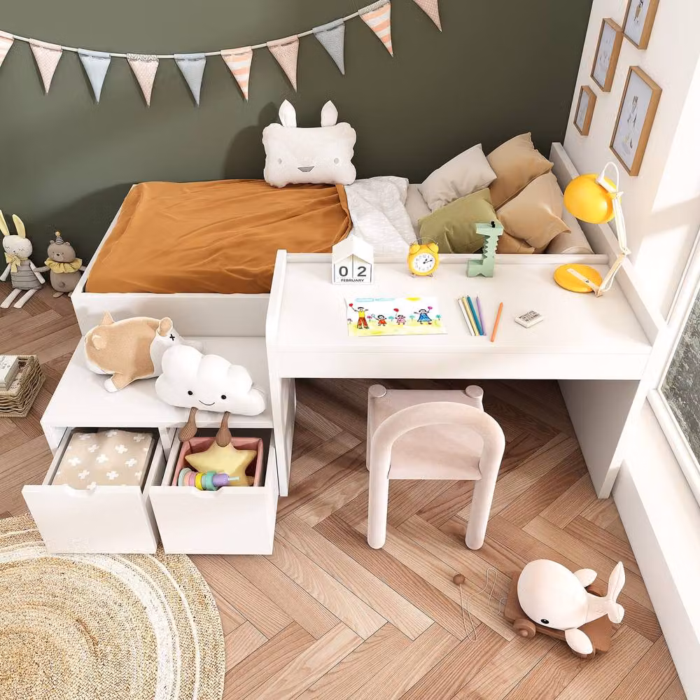 Rolipo Kids Single Bed with Desk and Storage Drawers, White, W/D/H: 90 x 190 cm – 5