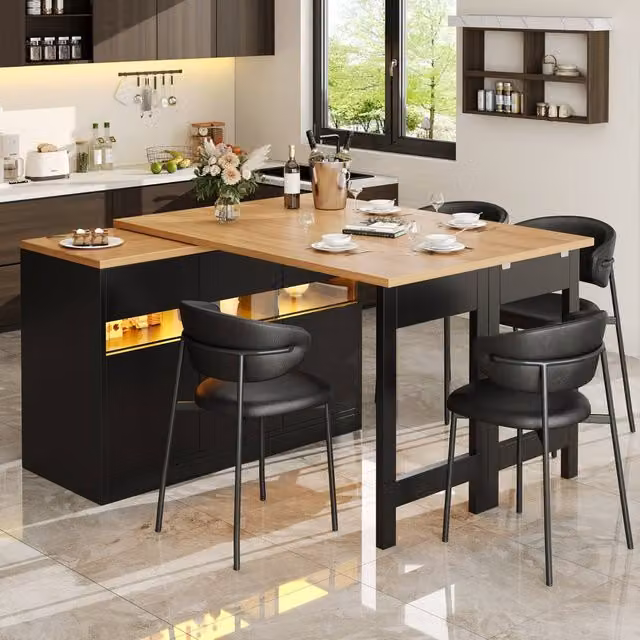 Merax Black Extendable Kitchen Island Bar Table with LED Lights and Rotating Drop Leaf Top