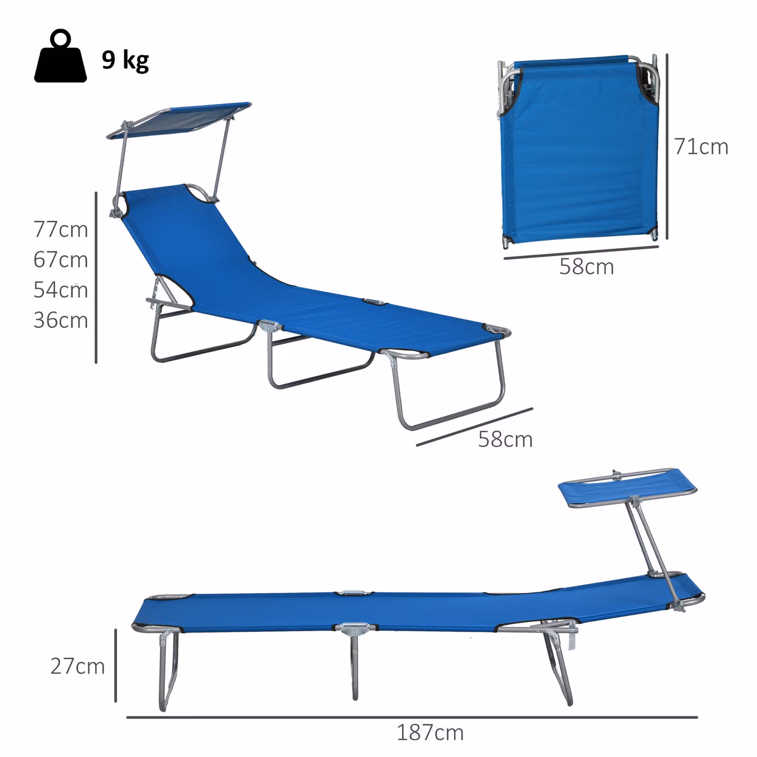 Outsunny Set of 2 Blue Foldable Outdoor Sun Loungers with Adjustable Backrest and Sun Canopy – 3