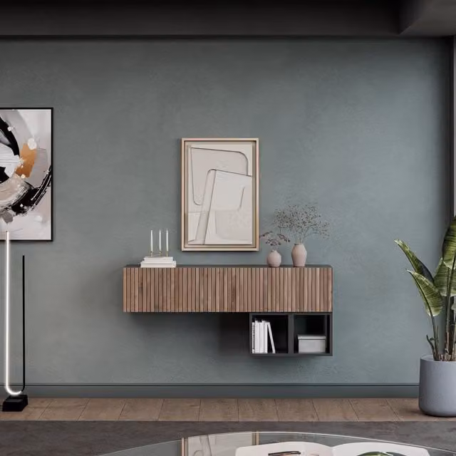 Decorotika Genova Wall Mounted Entertainment Center in Black and Brown with Alina Geometric Pattern