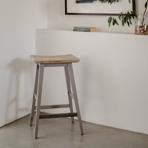 Statement Furniture Florence Bar Stool in Grey with Acacia Wood Seat, W43 x D33 x H65 cm