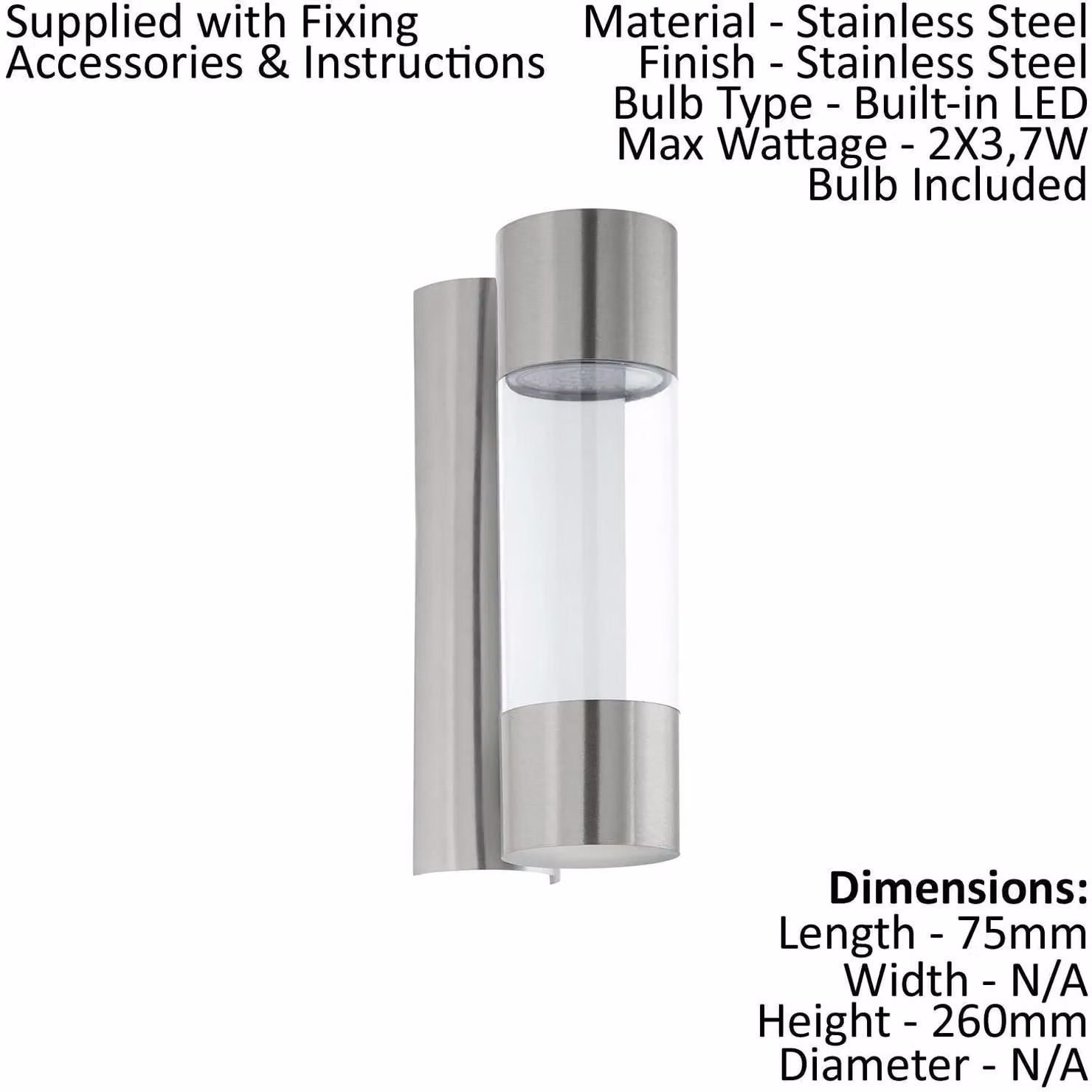 Loops IP44 Outdoor Wall Light in Silver Stainless Steel and Glass with Built-in 3.7W LED – 2