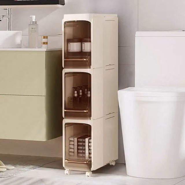 SPETLEK 3-Tier Rolling Slim Tall Bathroom Cabinet Storage in Beige