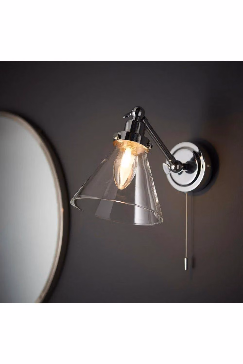 Netlighting Faraday Adjustable Dome Bathroom Wall Light with Pull Cord, Chrome and Grey Glass Shade – 2