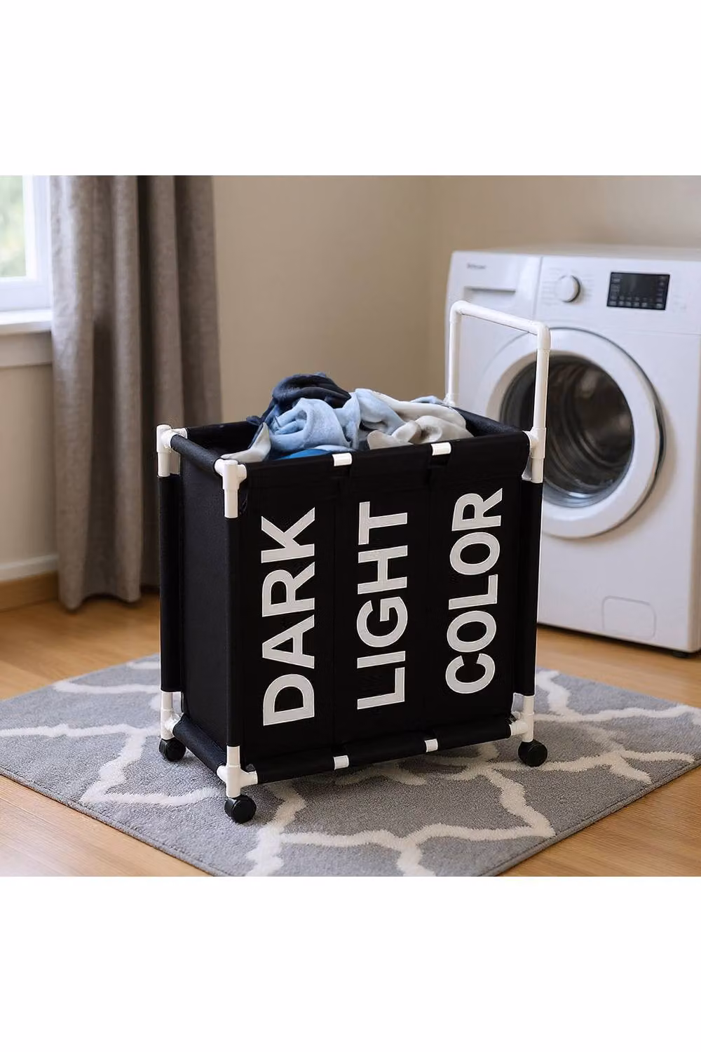 Living and Home 110L 3-Section Fabric Laundry Basket with Lid and Wheels, Jet Black – 2