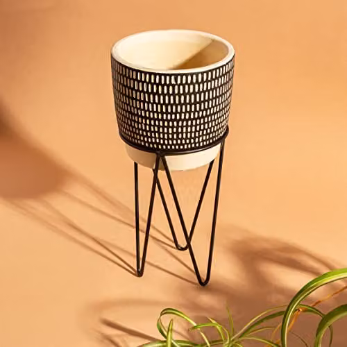 Sass & Belle Black Dash Cement Planter with Wire Stand, Square Geometric Tabletop Design in Black and Sand – 2