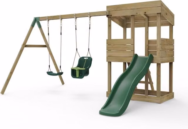 Rebo Brown Wooden Modular Play Tower with Slide, Height: 223 cm