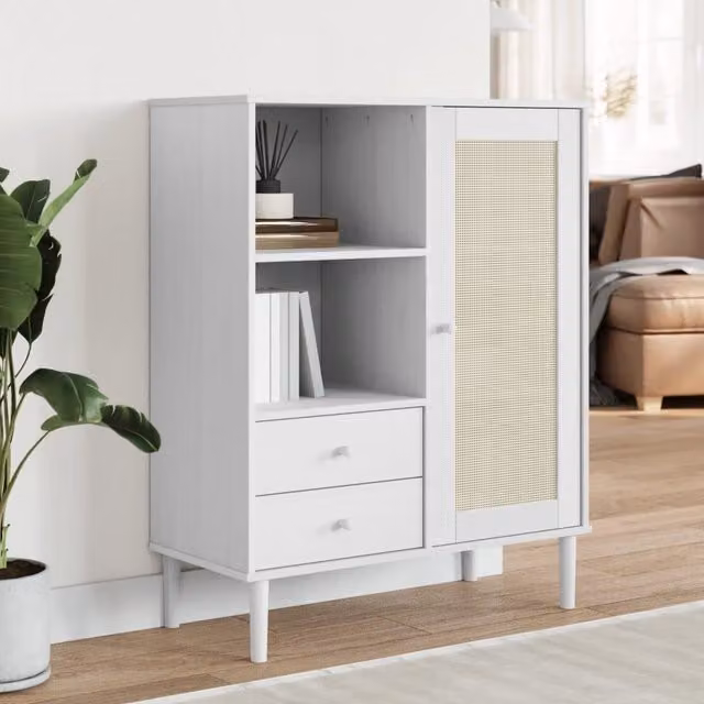 Berkfield Home SENJA Highboard in White Rattan Look Solid Pine Wood, W/D/H: 90 x 40 x 112 cm