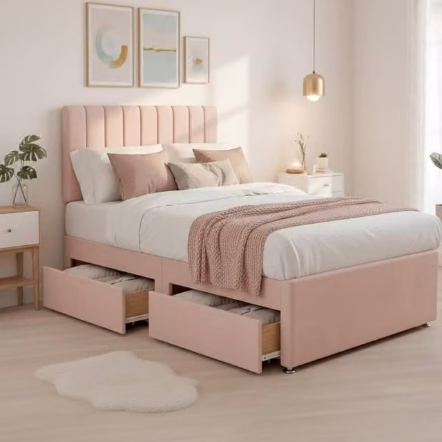 Bed Time UK Luxe Super King Divan Bed with 2-Drawer Storage, Memory Foam Hybrid Mattress and 20in Headboard in Pink, W/D/H: 200 x 200 cm