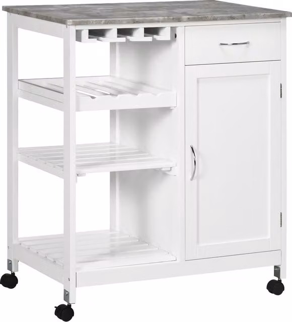 HOMCOM Compact Kitchen Trolley Utility Cart with Wine Rack, Drawer and Storage Cabinet, White