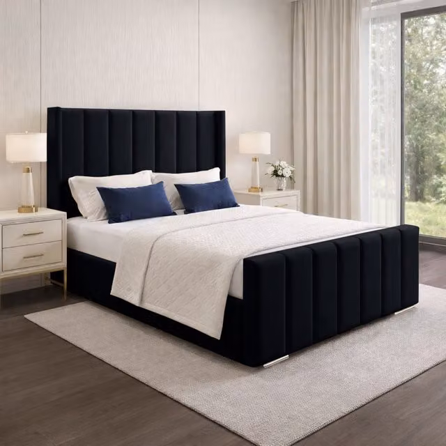 Desire Deco Modern Plush Velvet Upholstered Wingback Panel Bed Frame in Black, W/D/H: 140 x 200 cm