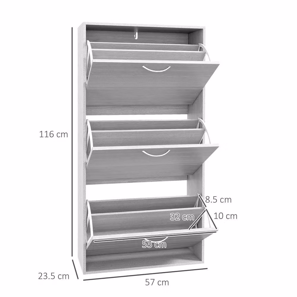 ERGOVEXA Grey Wood-Effect 3 Flip Drawer Shoe Storage Cabinet for Up to 12 Pairs – 2