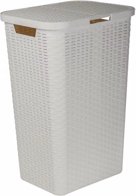 URBNLIVING Plastic Rattan Laundry Basket with Lid and Handles, White