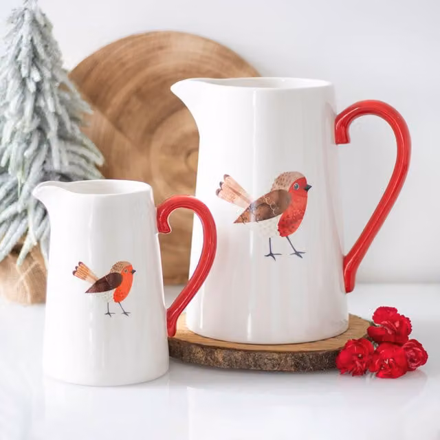 Gloriously Good Winter Robin Ceramic Jug in White and Red, Height: 24 cm