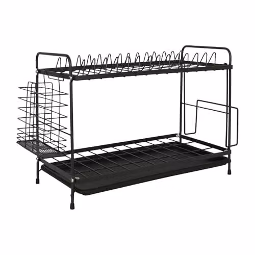 Harbour Housewares 2 Tier Metal Dish Drainer Rack with Drip Tray and Cutlery Holder, Black, W/D/H: 40.0 x 30.0 x 21.0 cm