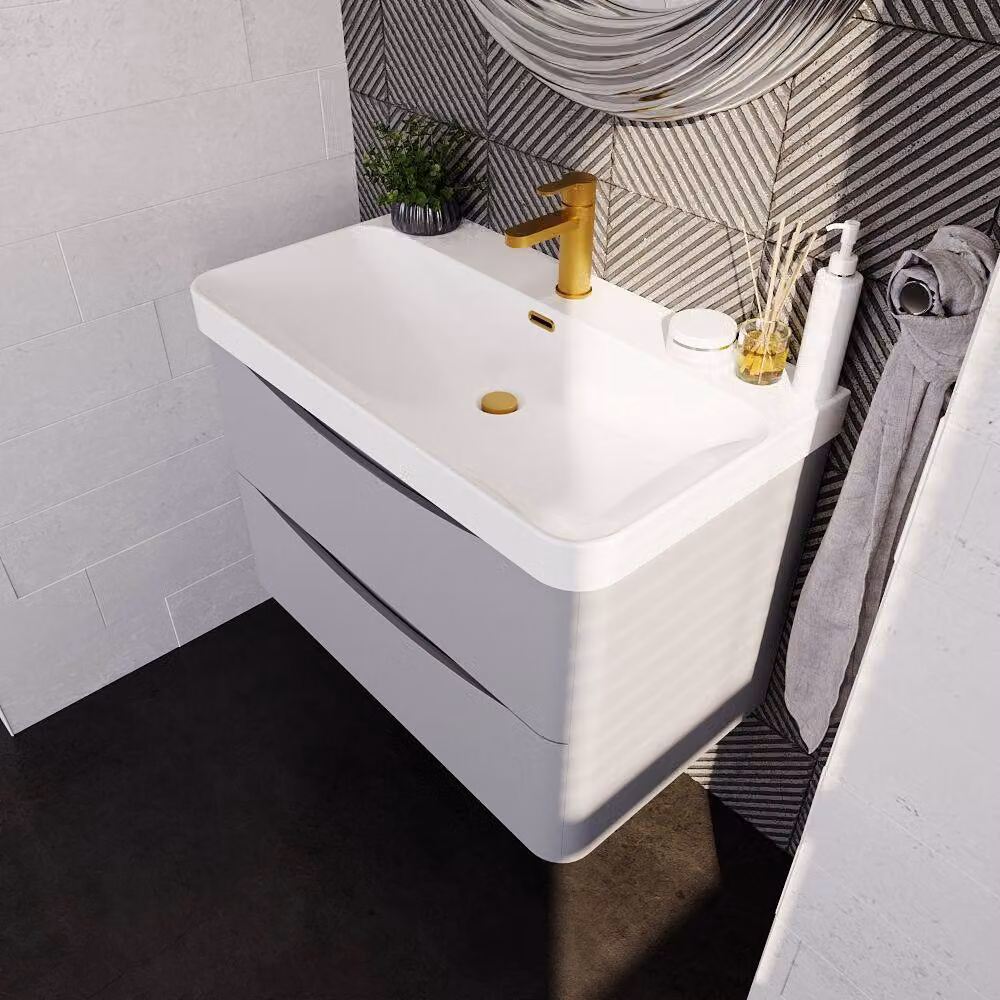 Balterley Arch Wall Hung 2 Drawer Bathroom Vanity with Ceramic Basin, Grey, Width: 80 cm – 3